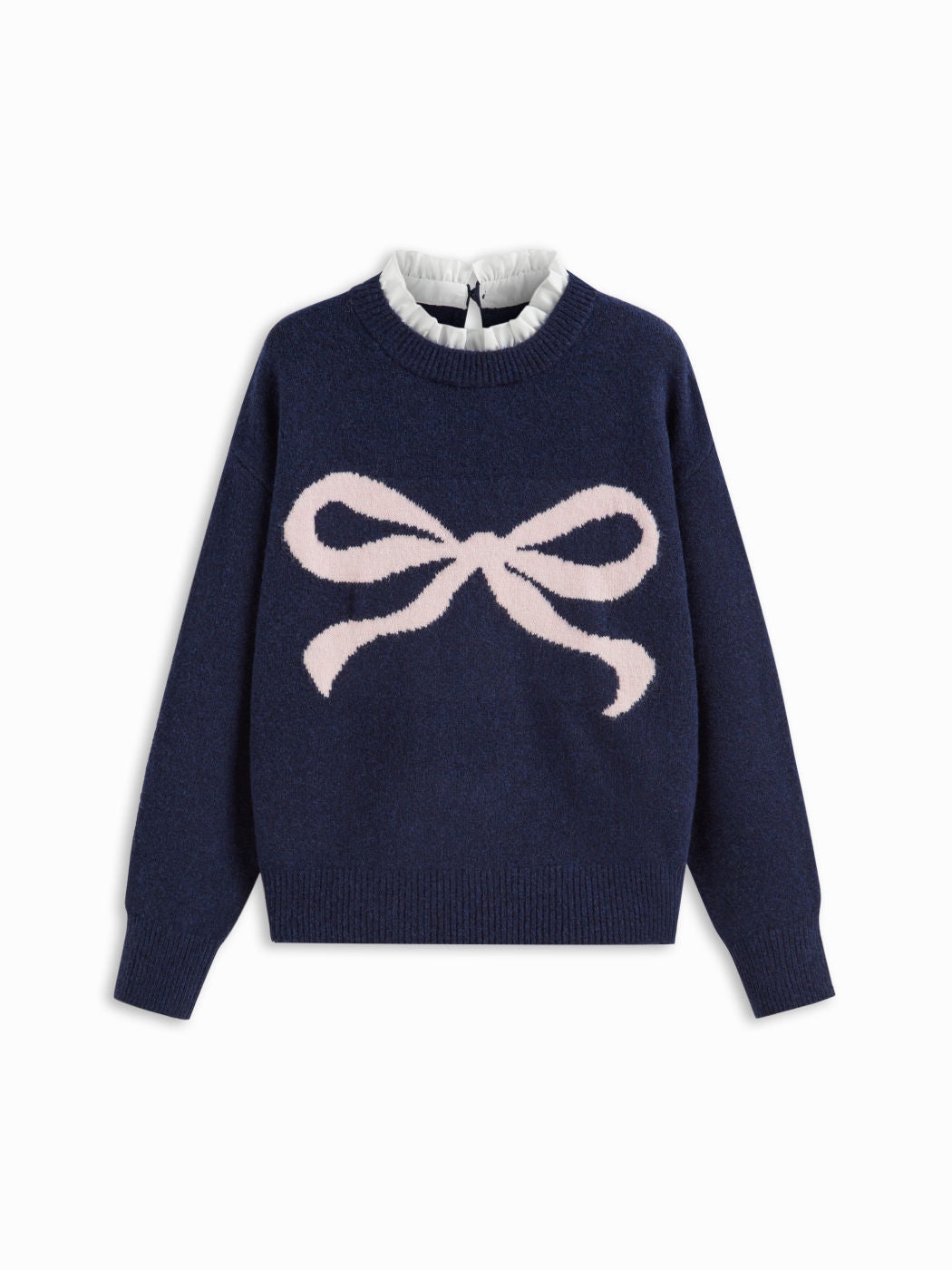 Knit Round Neckline Bowknot Graphic Lettuce Trim Long Sleeve Top