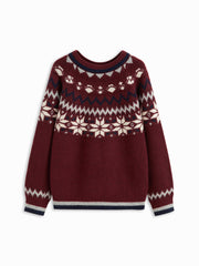 Knit Wool-blend Round Neckline Snowflake Pattern Striped Sweater