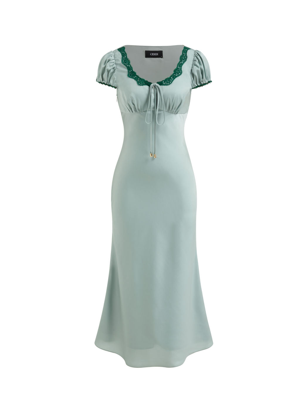 Satin U-neckline Lace Trim Knotted Maxi Dress