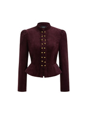 Corduroy Stand Collar Metal Detail Peplum Jacket