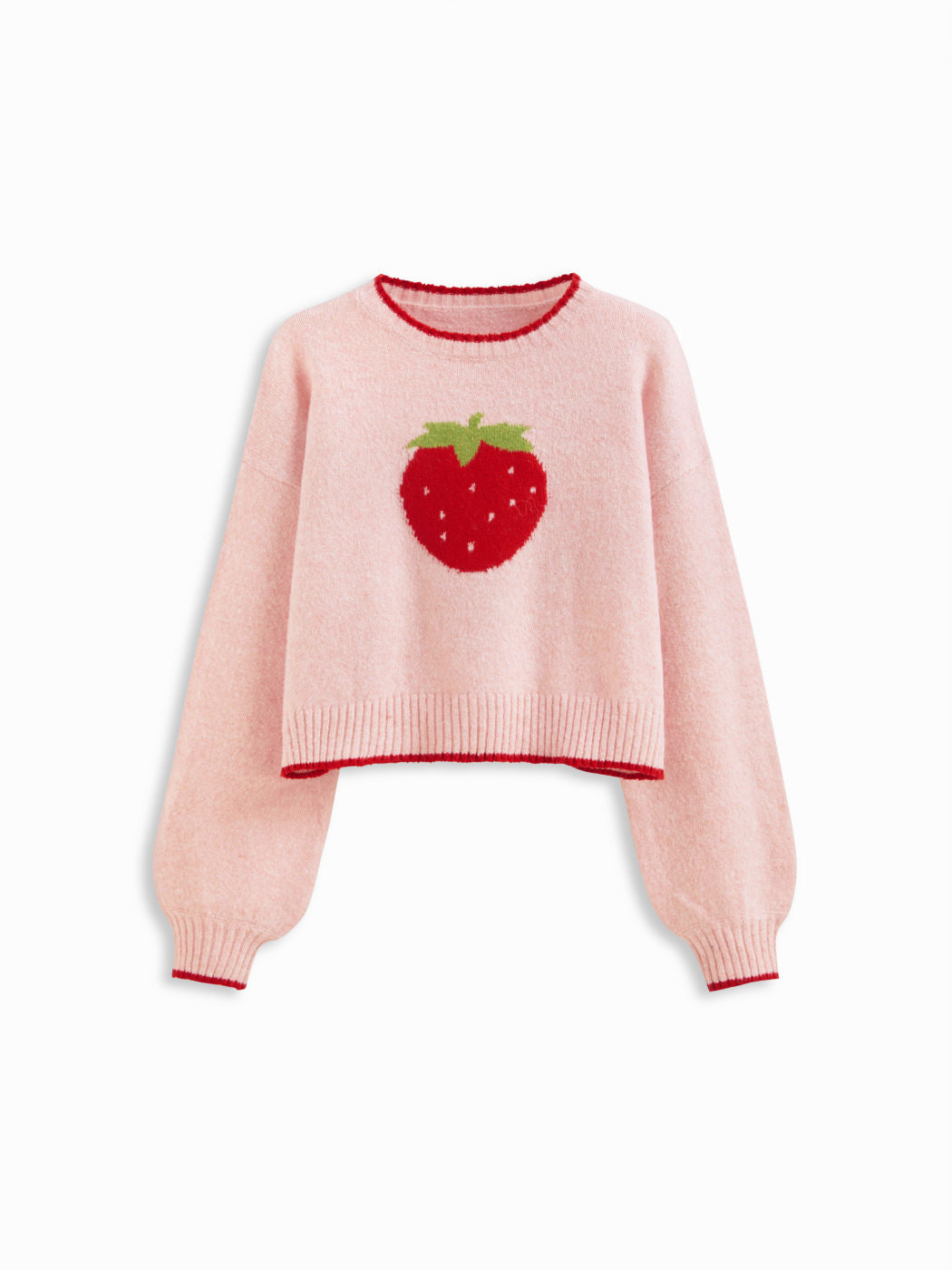Knit Strawberry Contrasting Binding Round Neck Oversized Sweater