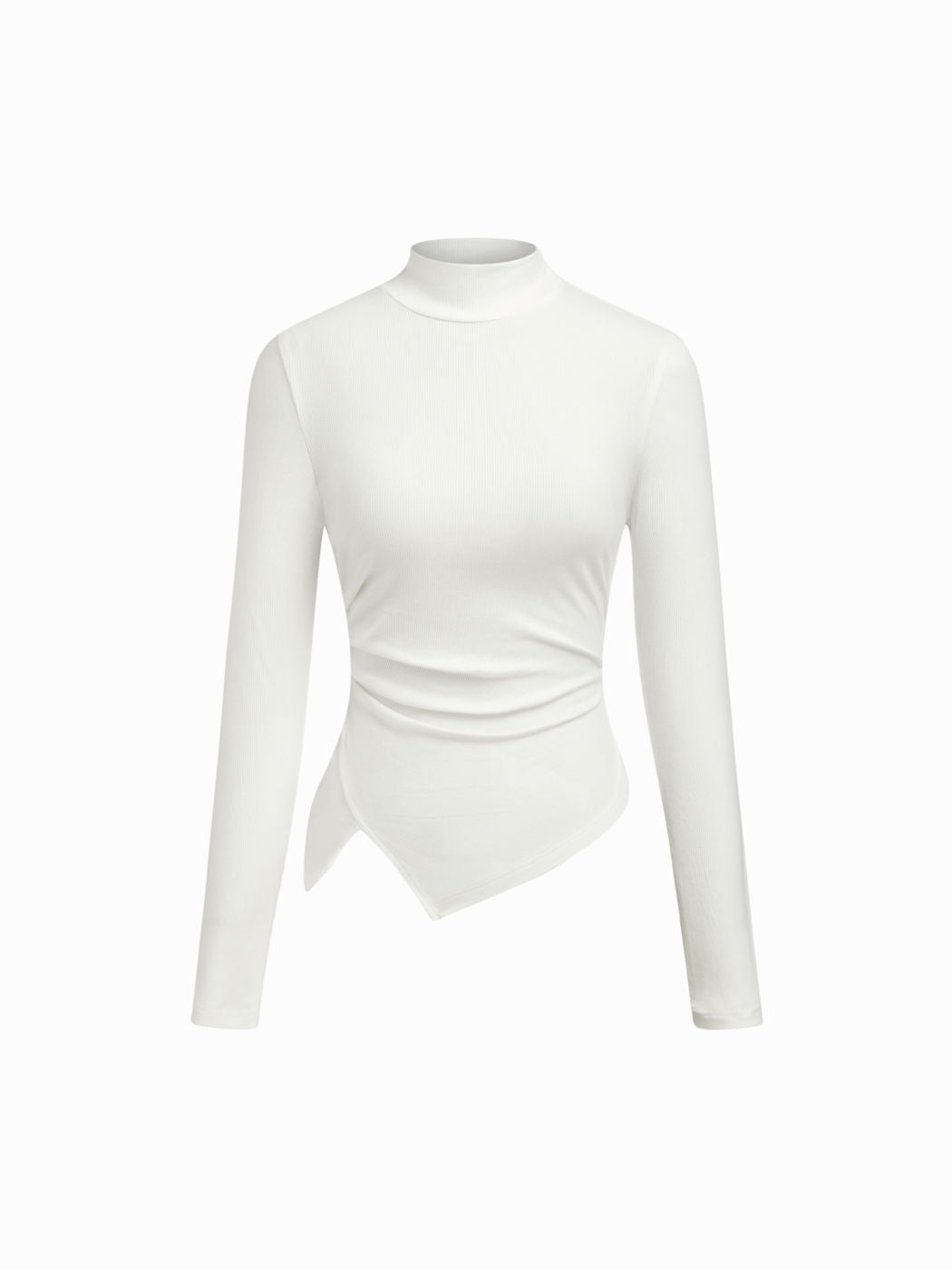 Stand Collar Ruched Asymmetrical Hem Long Sleeve Tee