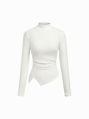 Stand Collar Ruched Asymmetrical Hem Long Sleeve Tee