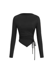 Boat Neck Long Sleeve Ruched Tie Side Asymmetrical Hem Top