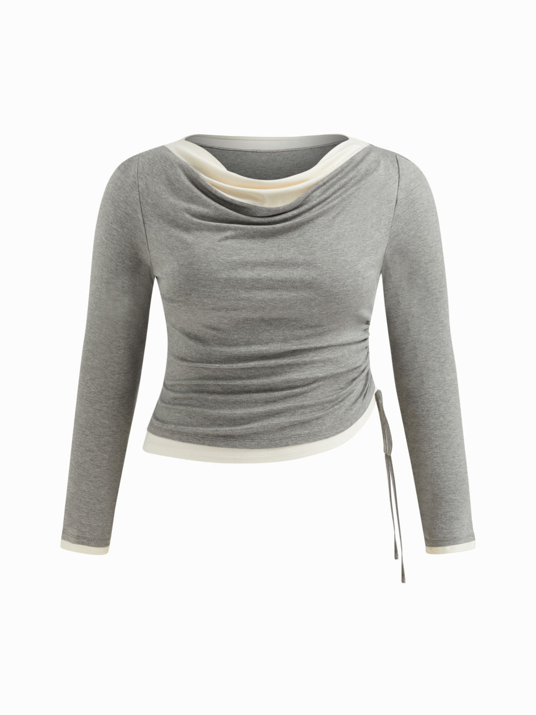 Cowl Neck Contrasting Binding Ruched Drawstring Long Sleeve Top Curve & Plus
