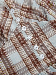 Plaid Halter Neckline Tiered Ruffle Button Midi Dress