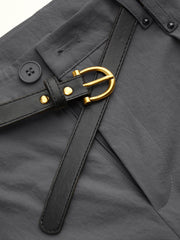 Wrinkle-free Fabric Mid Rise Pleated Straight Leg Trousers With Belt