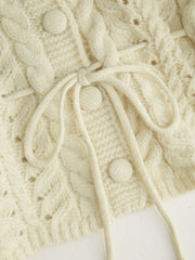 Cable Knit Round Neckline Hollow Out Drawstring Cardigan