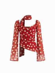 Chiffon Cowl Neck Polka Dot Pleated Long Sleeve Blouse With Scarf