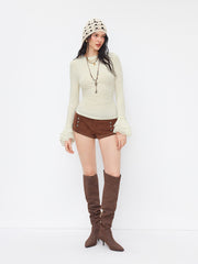 Round Neckline Ruched Bell Sleeve Tee