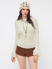 Round Neckline Ruched Bell Sleeve Tee