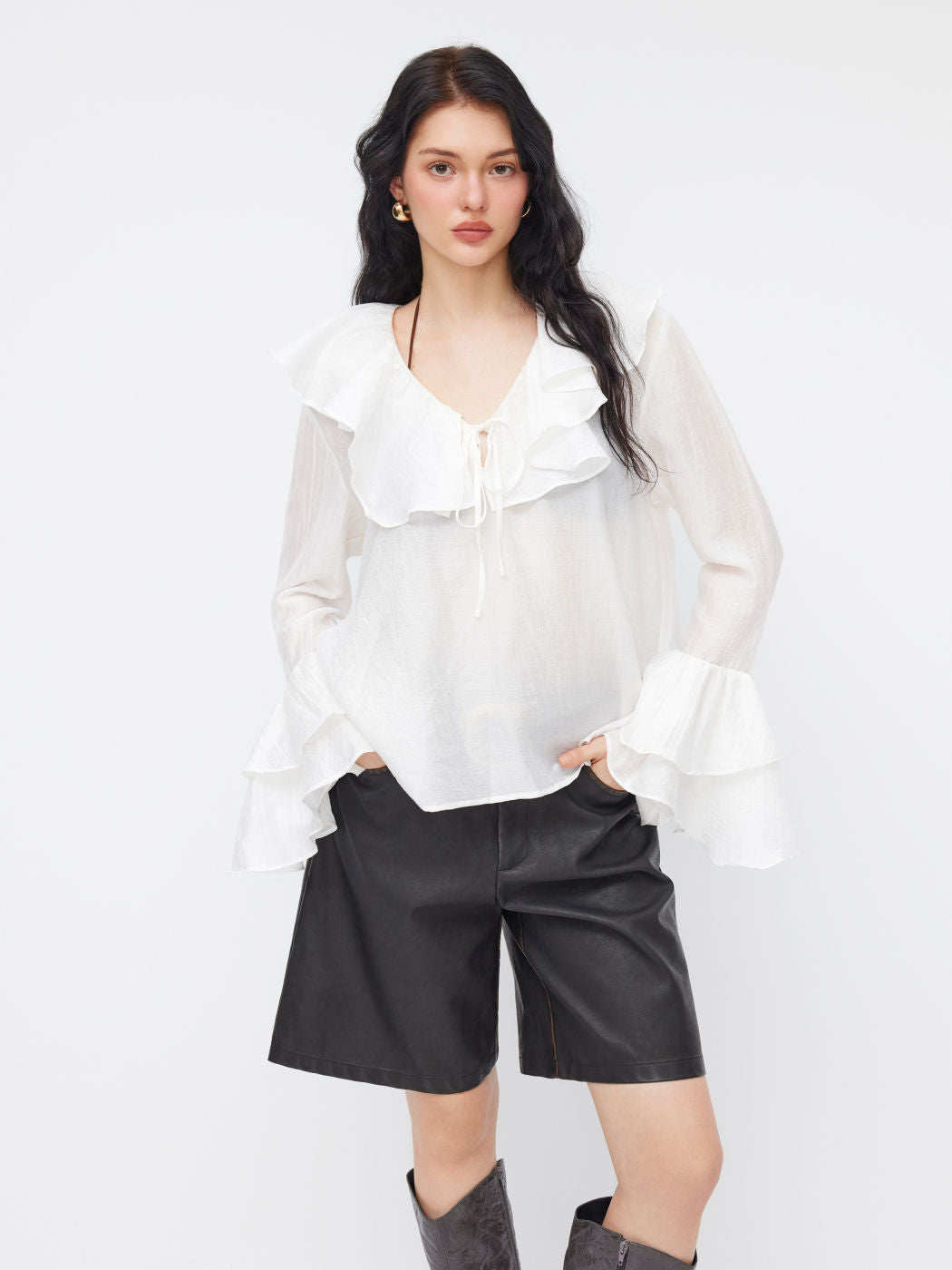V-neck Ruffle Knotted Bell Sleeve Oversized Blouse