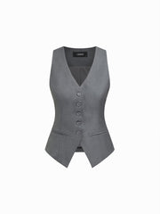 V-neck Button Asymmetrical Hem Blazer Vest