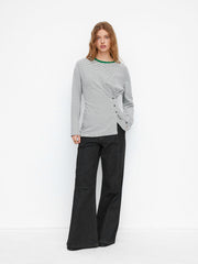 Cotton-blend Stripe Button Side Ruched Contrasting Binding Long Sleeve Tee