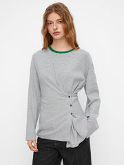 Cotton-blend Stripe Button Side Ruched Contrasting Binding Long Sleeve Tee