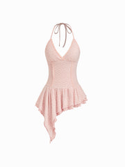 Lace Halter Neckline Asymmetrical Layered Ruffle Hem Cami Top