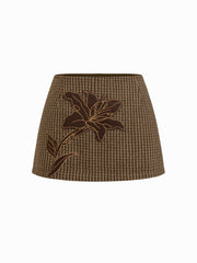 Tweed Floral Applique Check Low Rise Mini Skirt