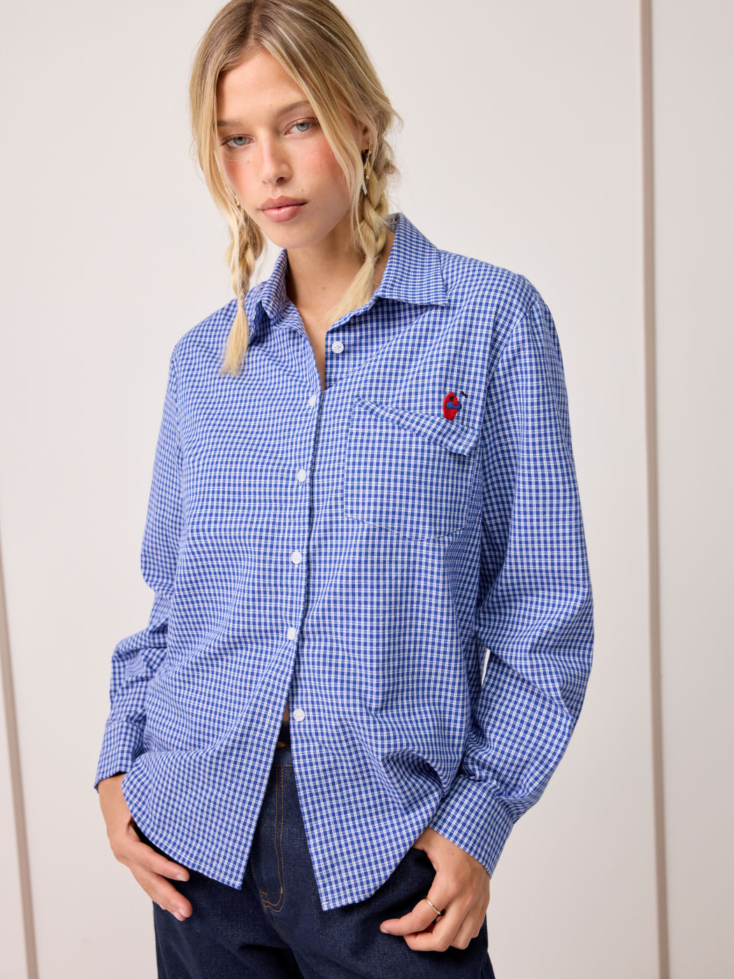 100% Cotton Collar Gingham Embroidery Long Sleeve Oversized Shirt