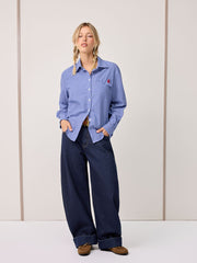 100% Cotton Collar Gingham Embroidery Long Sleeve Oversized Shirt