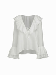 V-neck Ruffle Knotted Bell Sleeve Oversized Blouse