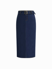 Stretch Denim Mid Rise Split Back Maxi Skirt With Belt