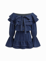 Denim U-neckline Bowknot Ruffle Layered Shirred Mini Dress