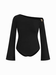 Asymmetrical Neck Metal Detail Long Sleeve Bodysuit Curve & Plus