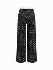 Cotton-blend Polka Dot Lace Bowknot Top & Mid Rise Lettuce Trim Straight Leg Trousers Loungewear Set
