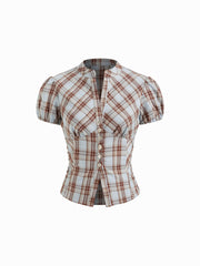 Plaid V-neck Puff Sleeve Split Front Blouse