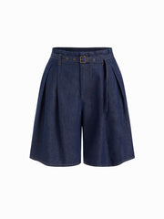 Denim Mid Rise Pleated Bermuda Jorts With Belt Curve & Plus