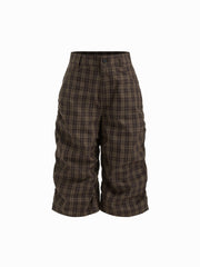 100% Cotton Mid Rise Plaid Ruched Bermuda Shorts
