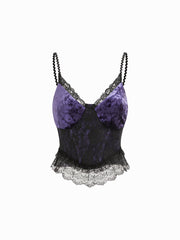 Velvet V-neck Contrasting Lace Cami Top