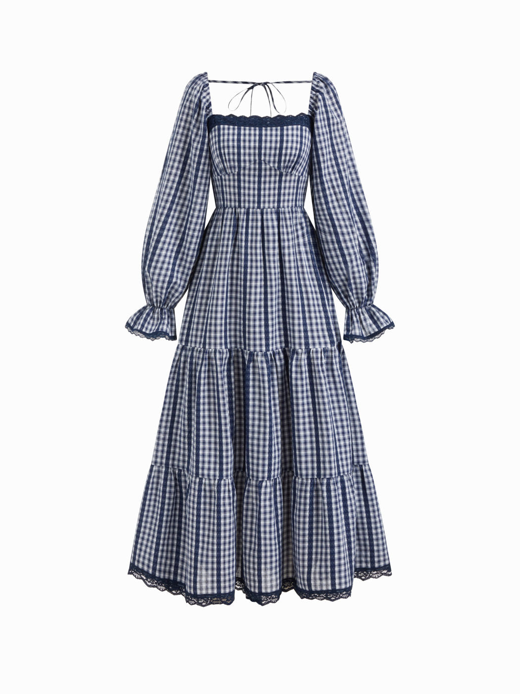 Cotton-blend Gingham Square Neck Long Sleeve Lace Trim Maxi Tiered Dress
