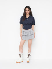 Cotton-blend Collar Lace Up Corset Side Striped Short Sleeve Tee