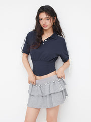 Cotton-blend Collar Lace Up Corset Side Striped Short Sleeve Tee