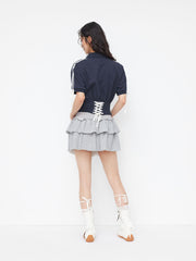 Cotton-blend Collar Lace Up Corset Side Striped Short Sleeve Tee