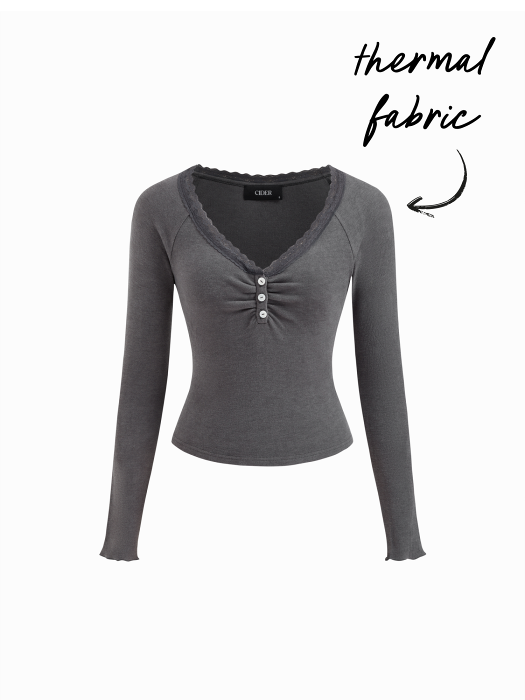 Thermal Cotton-blend V-neck Long Sleeve Lace Trim Ruched Tee