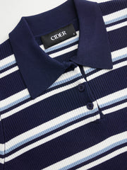 Knit Collar Stripe Button Mid-length Sleeve Top