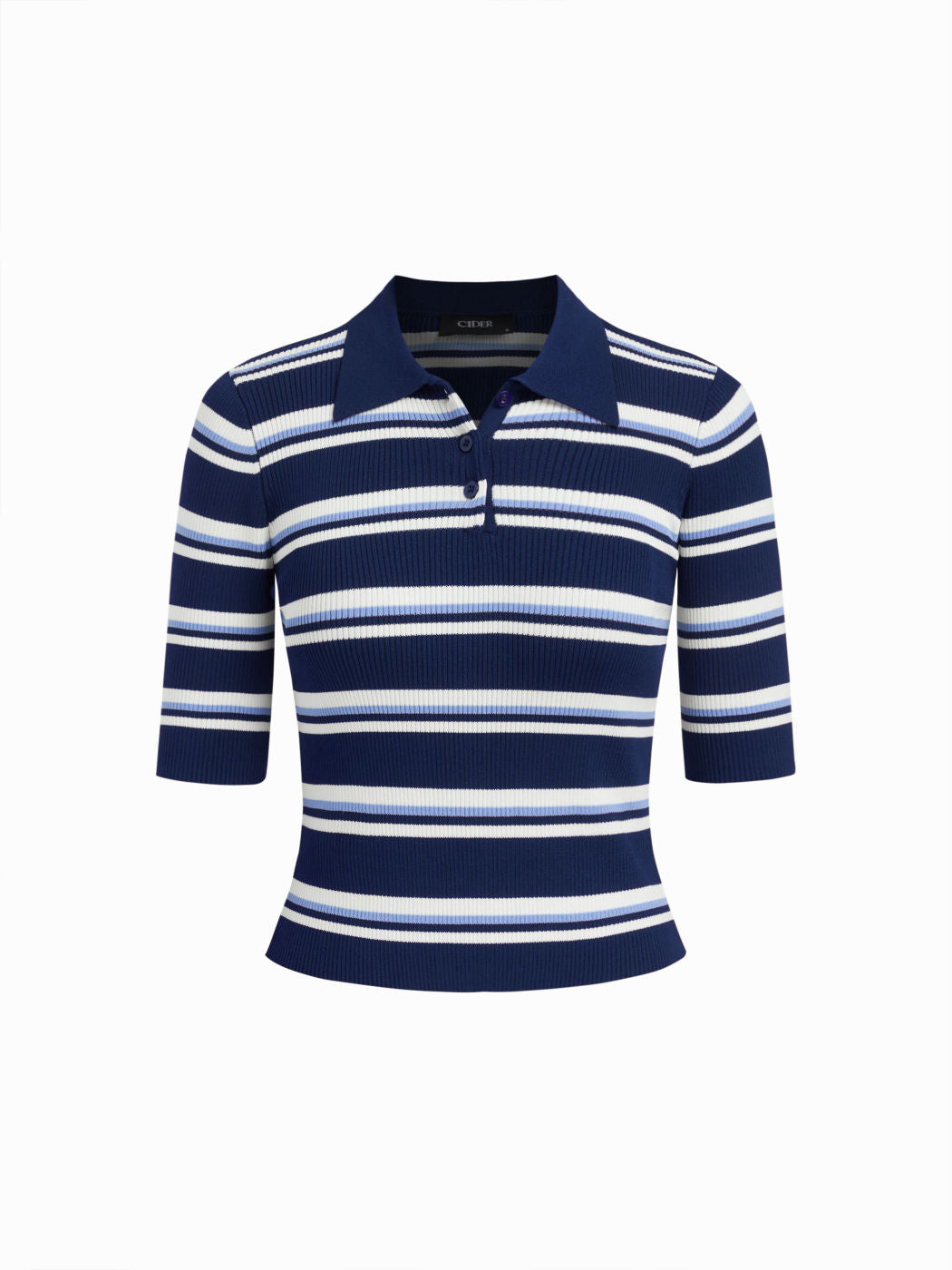 Knit Collar Stripe Button Mid-length Sleeve Top