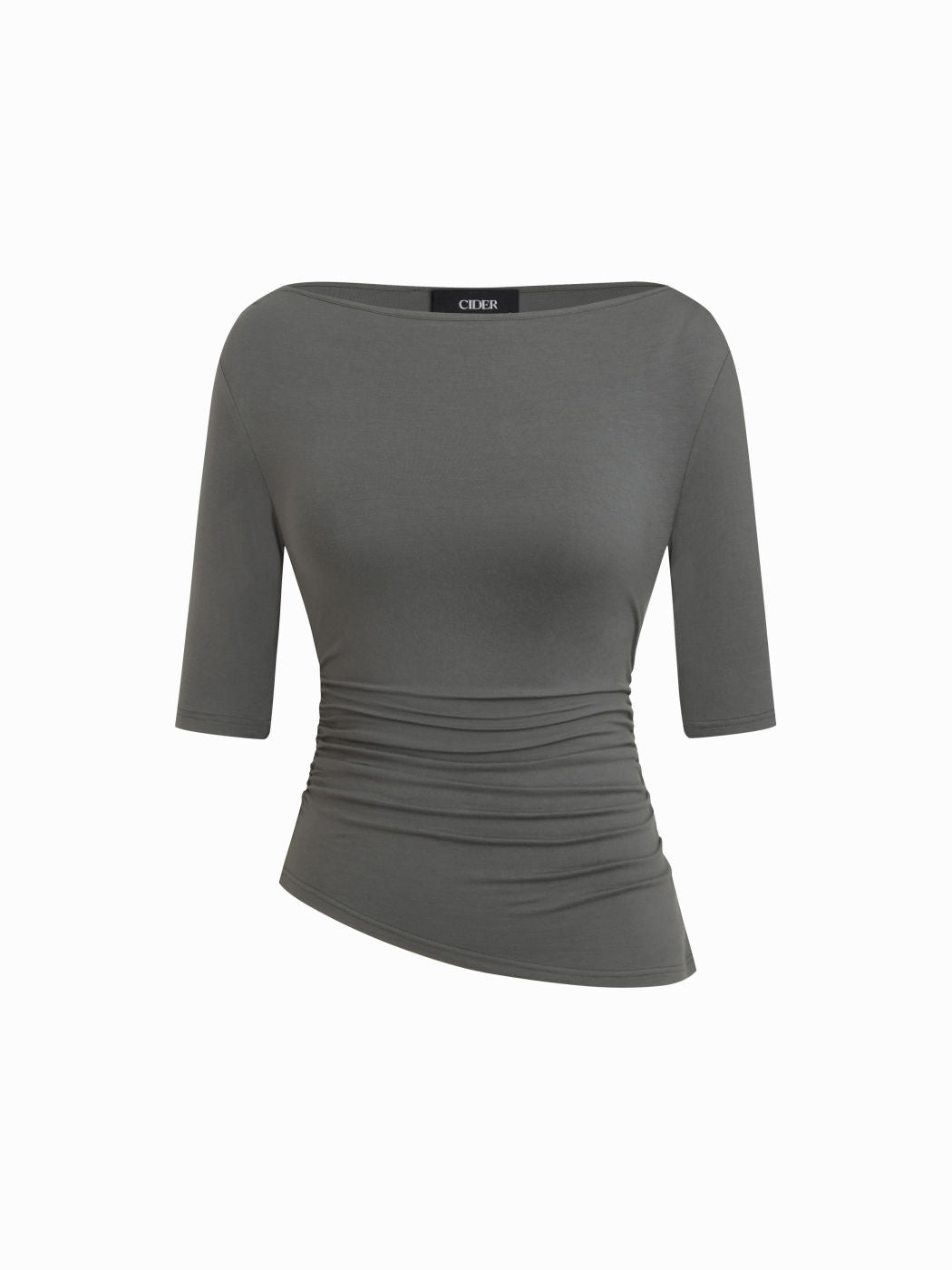 Boat Neck Mid-length Ruched Asymmetrical Hem Sleeve Tee