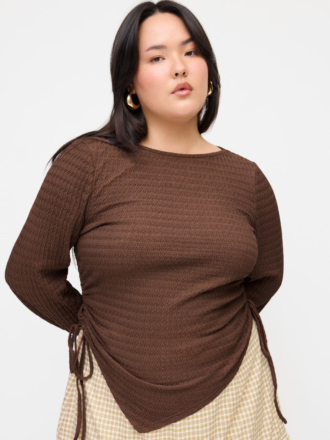 Boat Neck Ruched Drawstring Bell Sleeve Top Curve & Plus