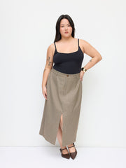 Houndstooth Mid Rise Elastic Waist Split Maxi Skirt Curve & Plus