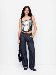 Dog Graphic Floral Square Neck Lace Trim Knotted Cami Top