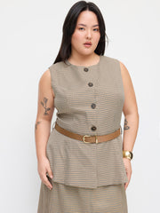 Round Neckline Houndstooth Blazer Vest With Belt Curve & Plus