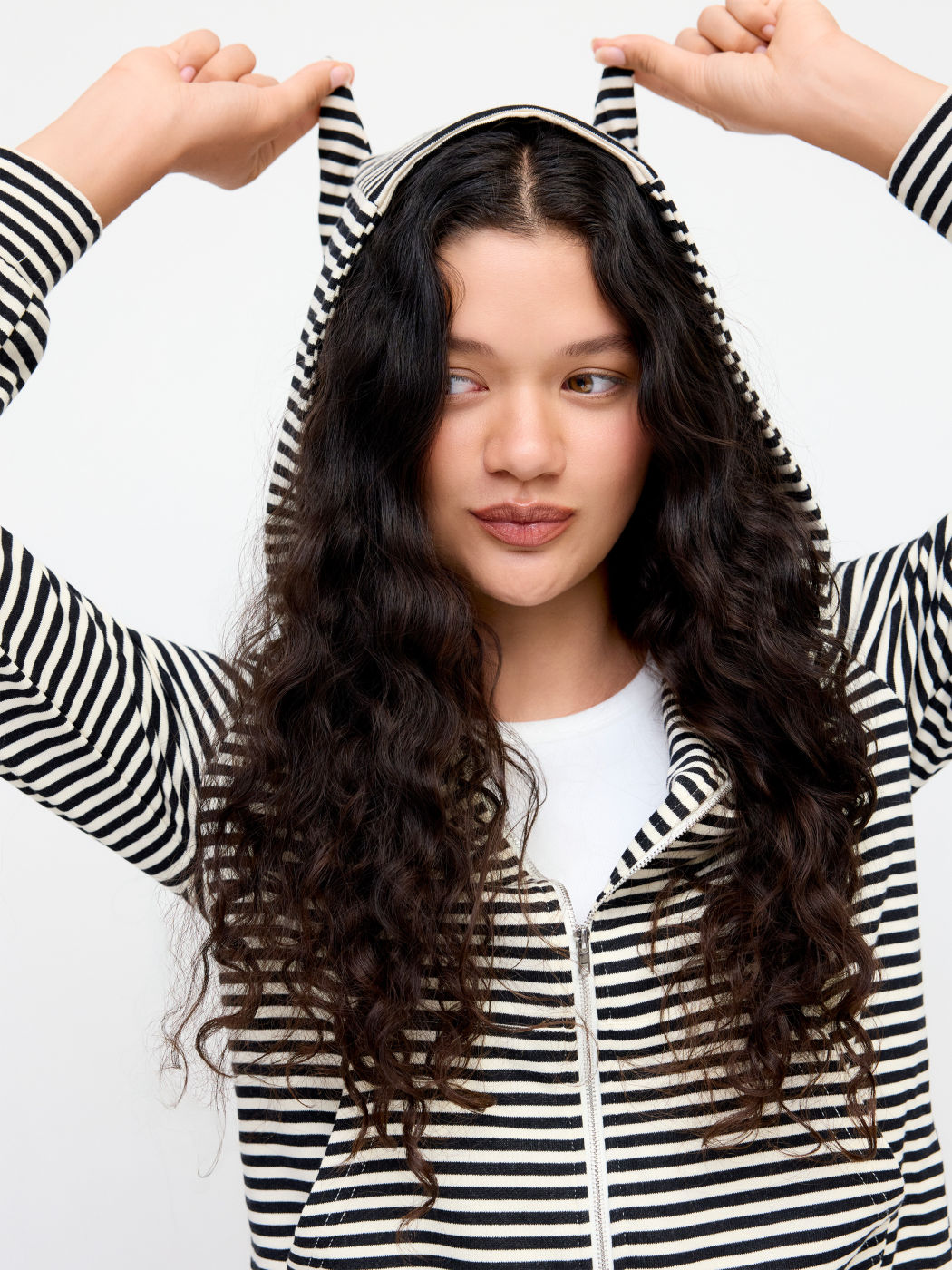 Cotton-blend Stripe Long Sleeve Zip Through Hoodie