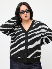Knit Zebra Striped V-neck Long Sleeve Button Oversized Cardigan Curve & Plus