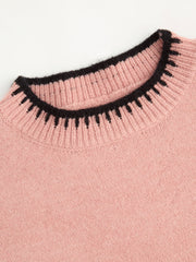 Knit Round Neckline Contrasting Binding Long Sleeve Top