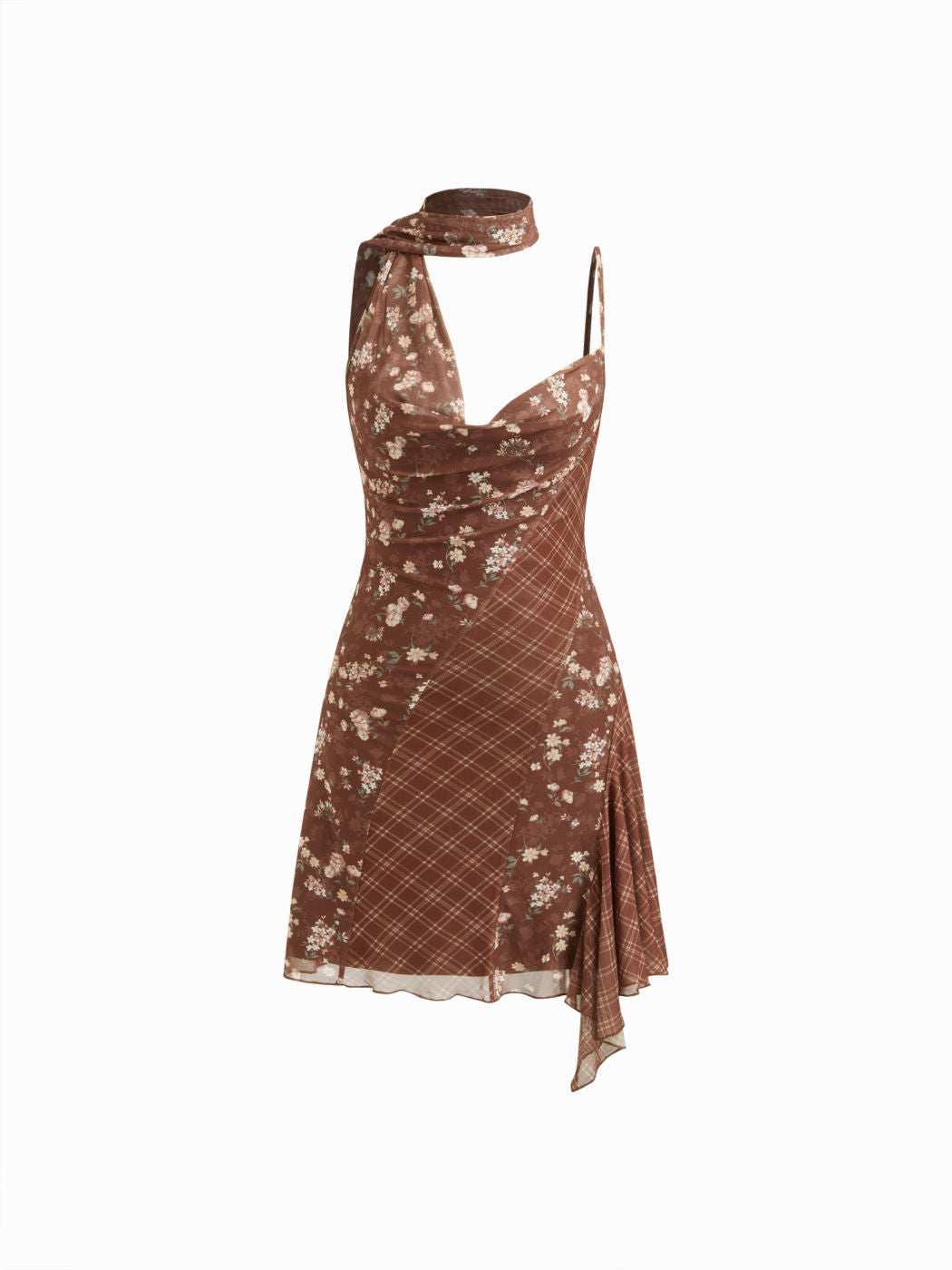 Mesh Halter Neckline Floral & Plaid Ruffle Hem Mini Dress With Scarf
