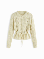Cable Knit Round Neckline Hollow Out Drawstring Cardigan