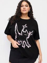 Cotton-blend Round Neckline Cat Graphic Oversized Tee Curve & Plus
